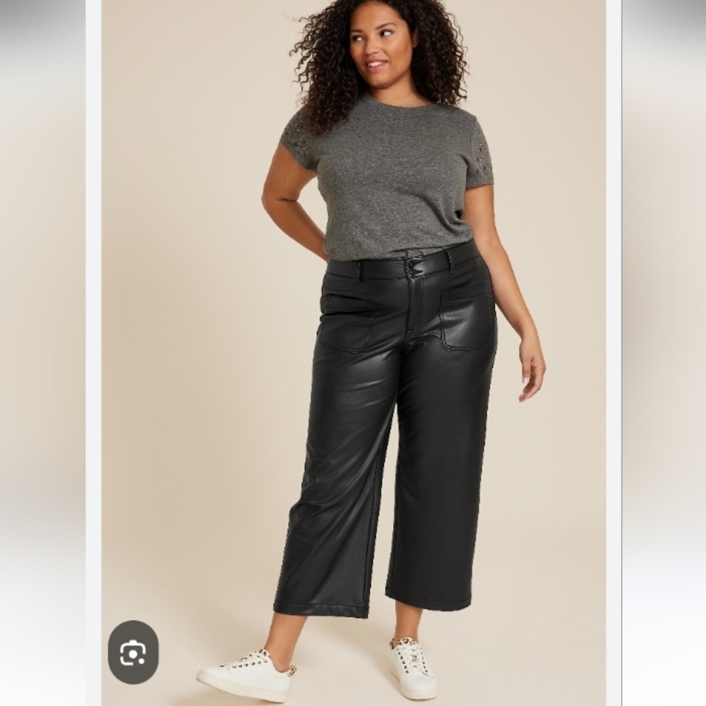 Edgely Faux Leather Women's Black Wide Leg Ankle Pants